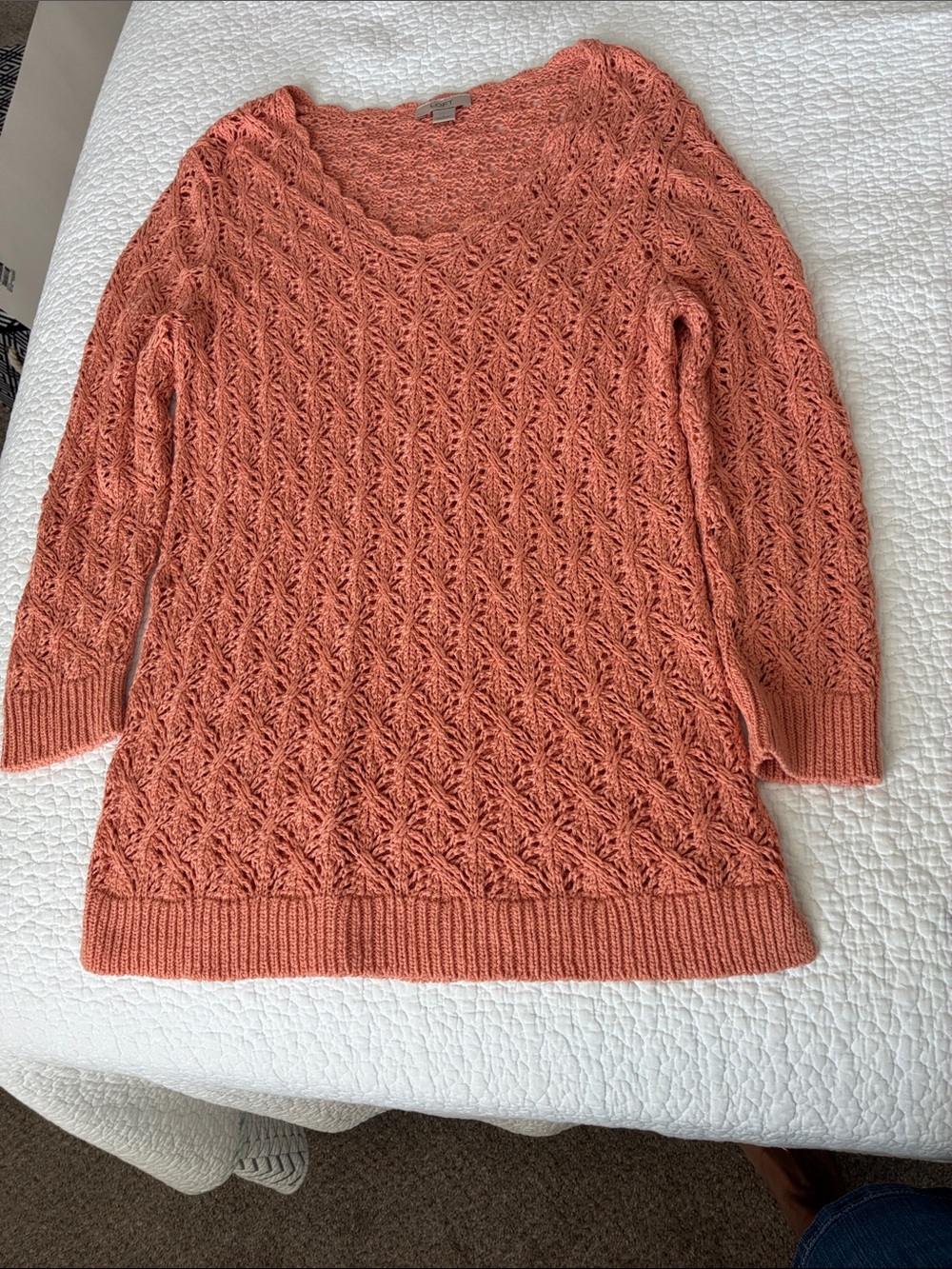 LOFT Coral Knit V-Neck Open Stitch Sweater